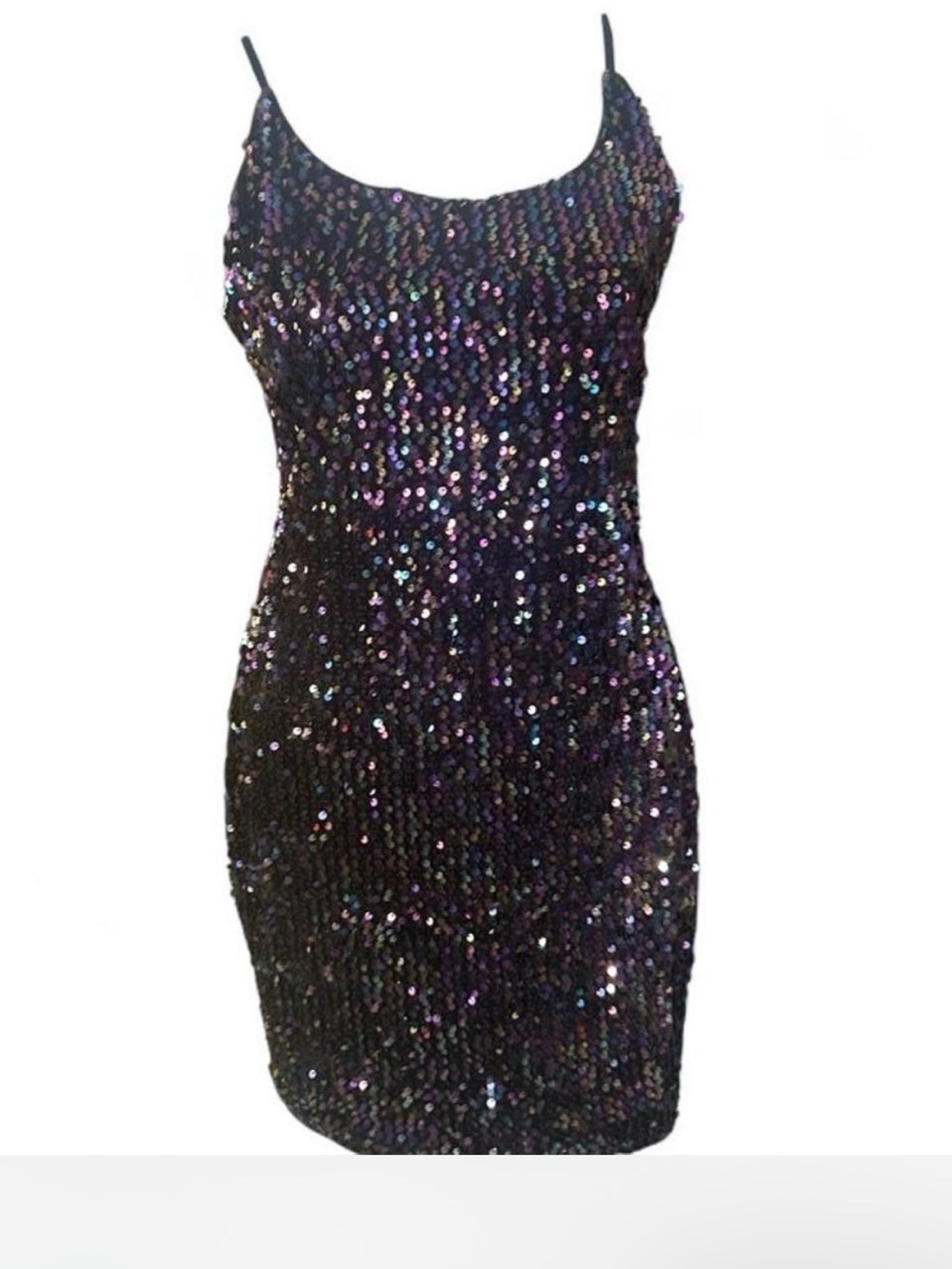 Chocolate Juniors L Black Multicolor Sequin Cowl Neck Spaghetti Strap Mini